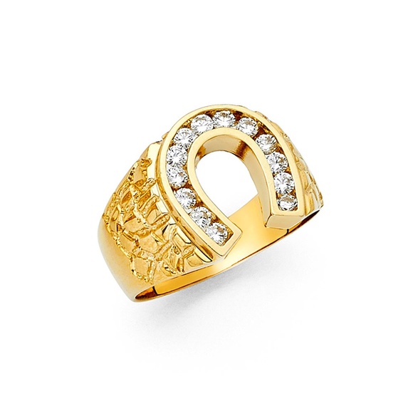 Men's 10k Yellow Gold CZ Horse Head & Lucky Horseshoe Ring - Handcrafted Statement Jewelry
